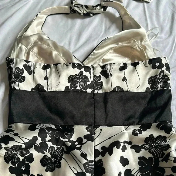 WHITE HOUSE BLACK MARKET Dress 4 Satin Floral Print Halter Black Off White - Picture 6 of 6